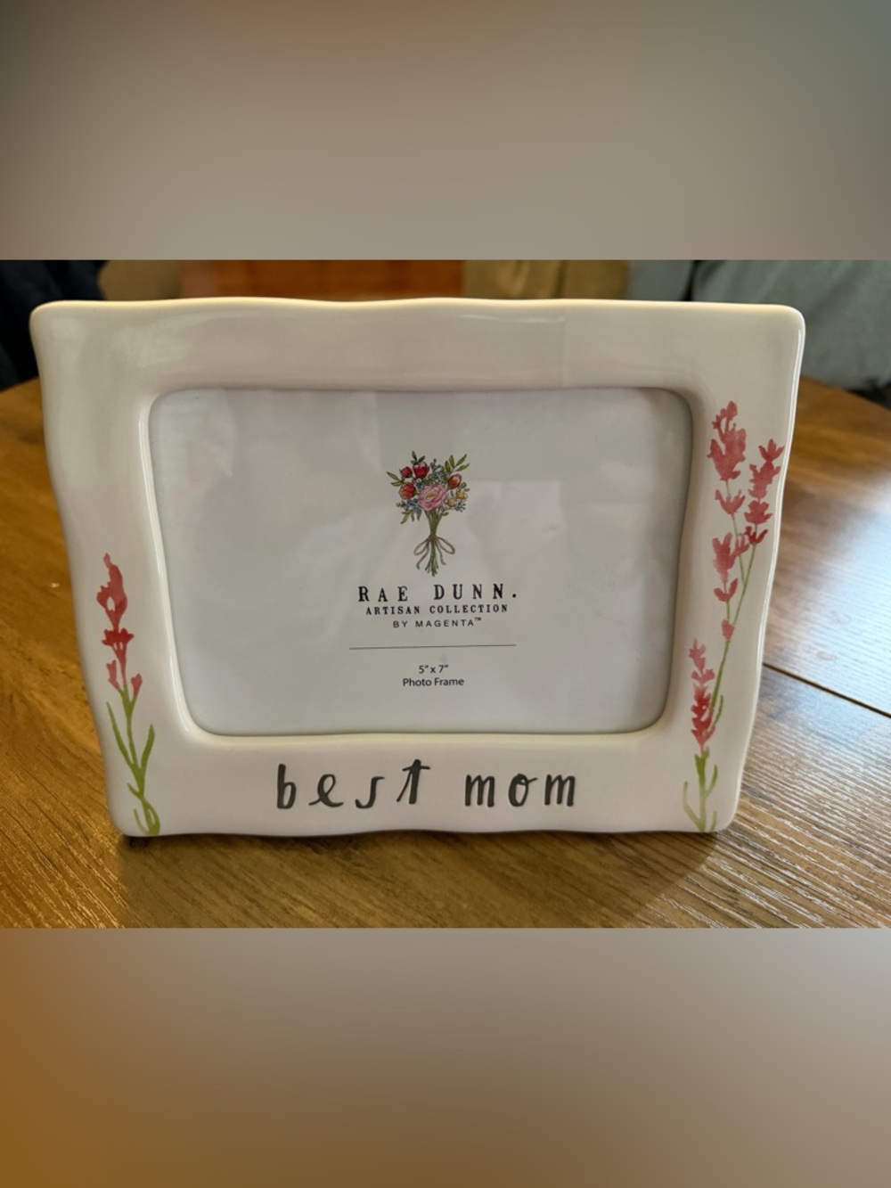 Rae Dunn White Ceramic 'best mom' Frame with Pink Floral Sprigs